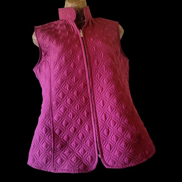 Quilted Diamond Pattern Sleeveless Vest With Full Zip Closure In Raspberry Pink - Picture 5 of 13